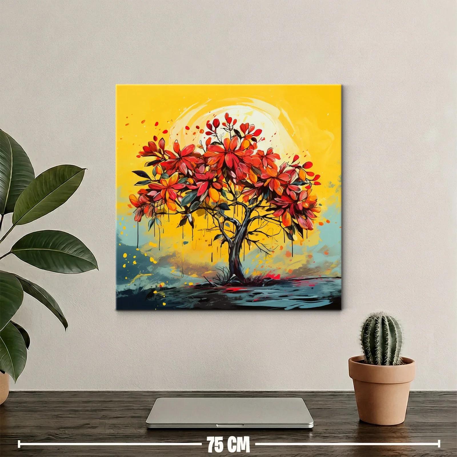 Árbol vibrante con flores rojas sobre fondo amarillo cálido — miniatura 2