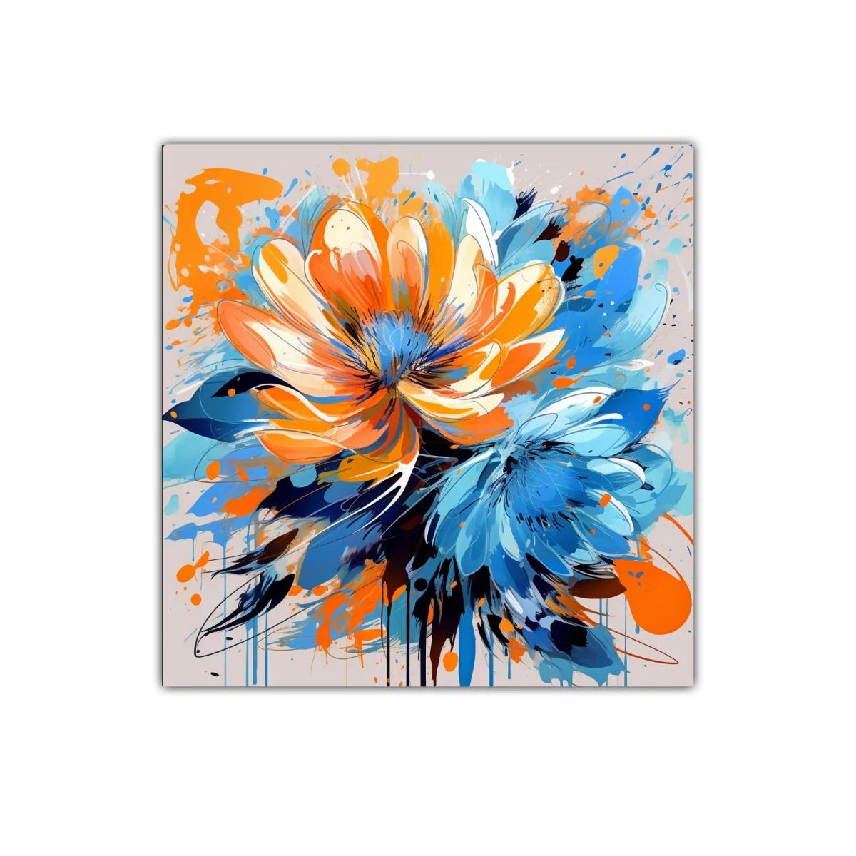 Cuadro vibrante con flores en tonos azul y naranja — imagen principal