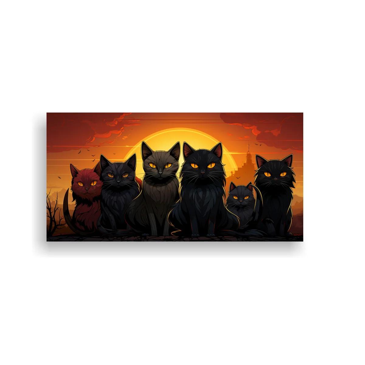 Cuadro grupo de gatos negros con ojos amarillos y sol poniente