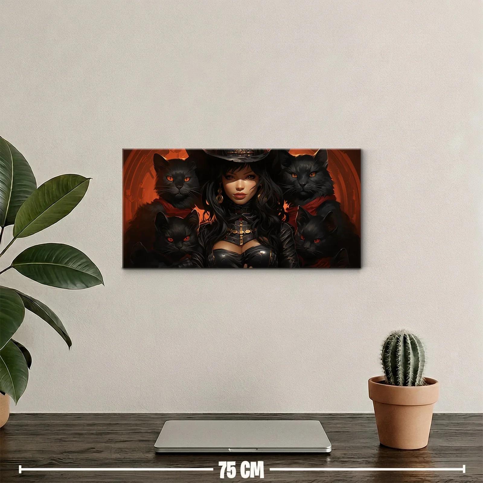 Cuadro mujer con gatos negros y fondo circular rojizo — miniatura 2