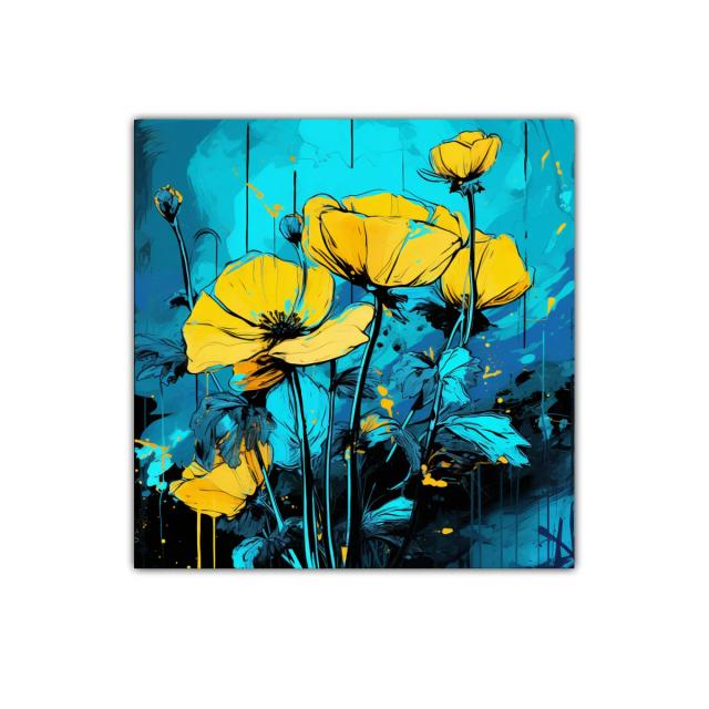 Cuadro floral con tonos vibrantes en azul y amarillo