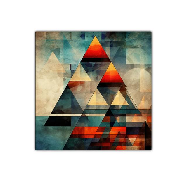 Composición abstracta con triángulos en tonos cálidos y fríos