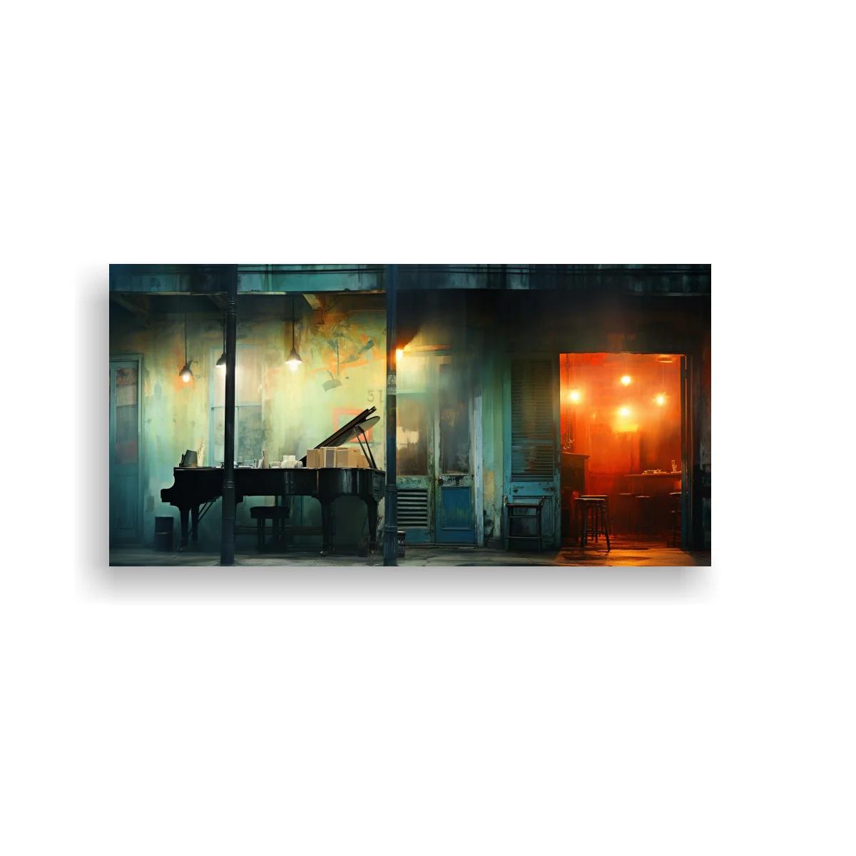 Cuadro piano de cola en interior vintage con puerta abierta