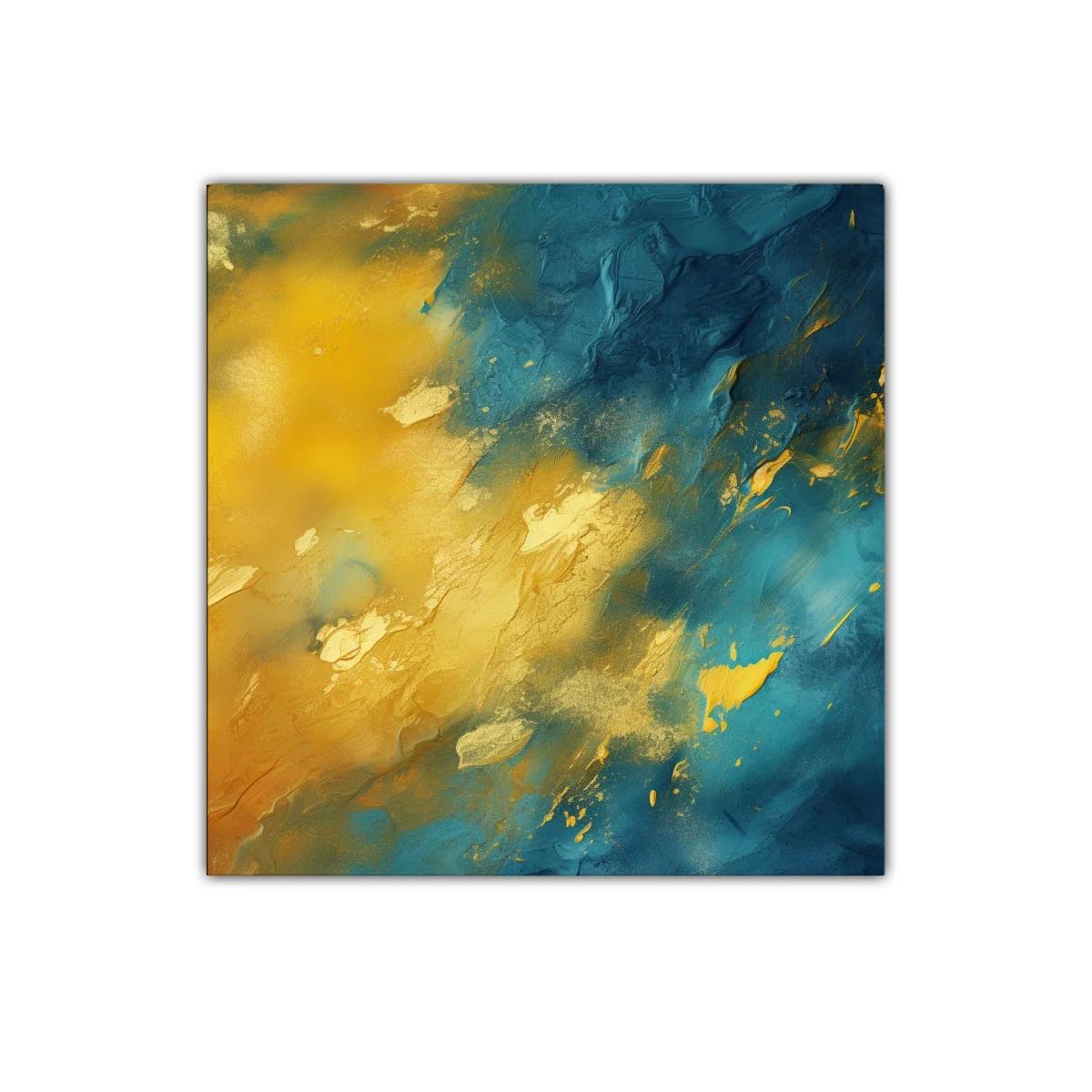 Cuadro abstracto en tonos dorados y azules vibrantes