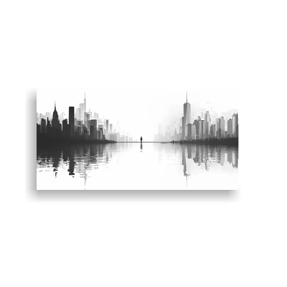 Cuadro skyline urbano reflejado en el agua con horizonte amplio — imagen principal