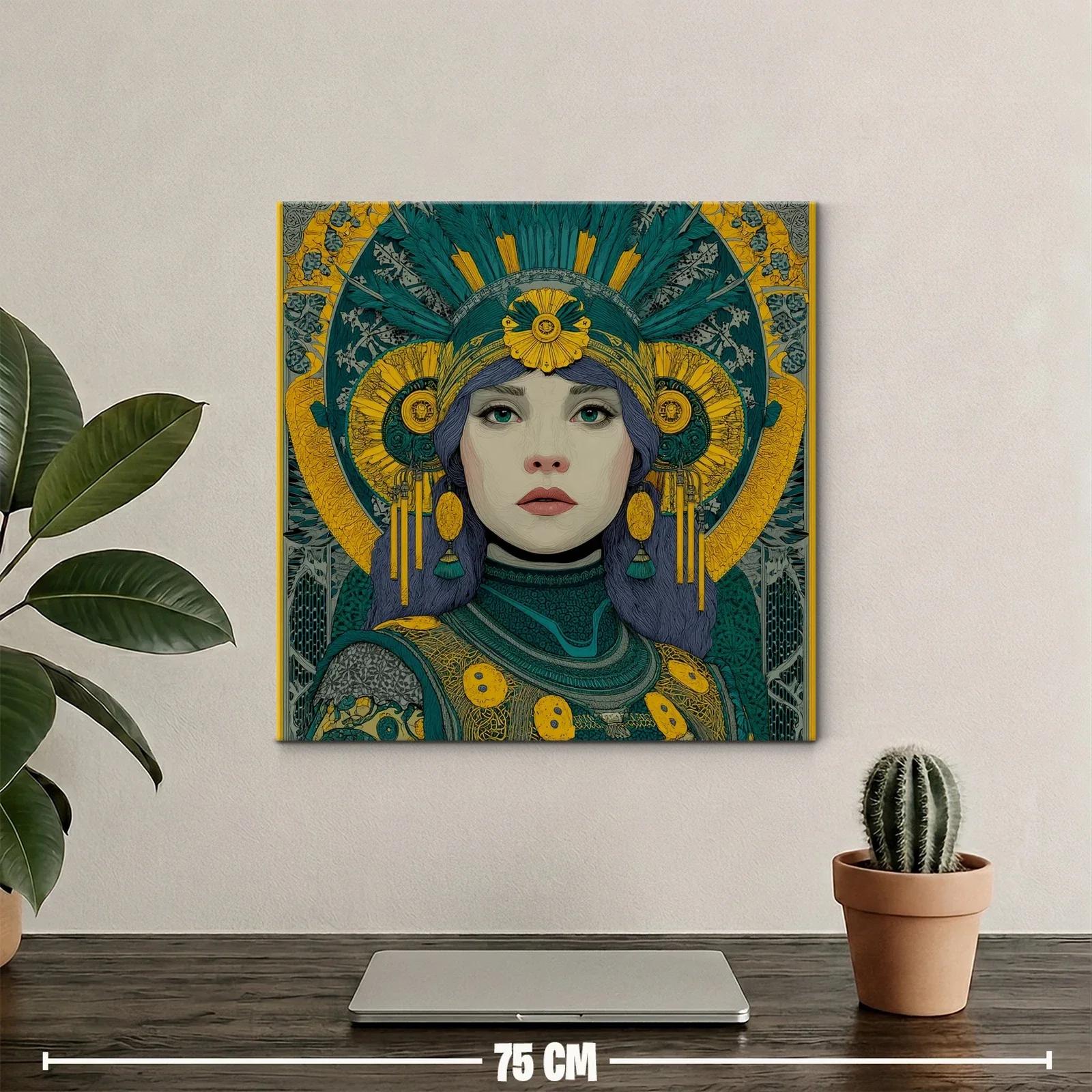 Retrato femenino con detalles ornamentales en tonos verdes y amarillos — miniatura 2