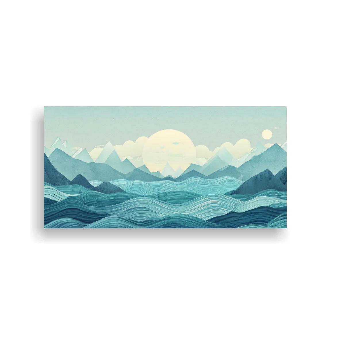 Cuadro paisaje marino con montañas y sol entre nubes