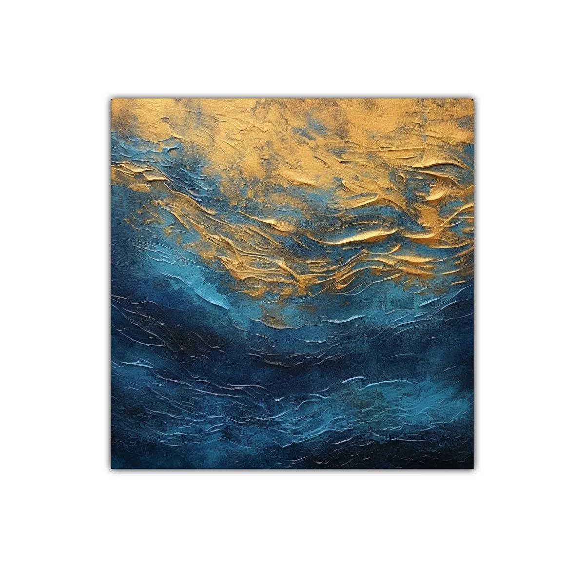 Cuadro abstracto con texturas doradas y tonos azules intensos