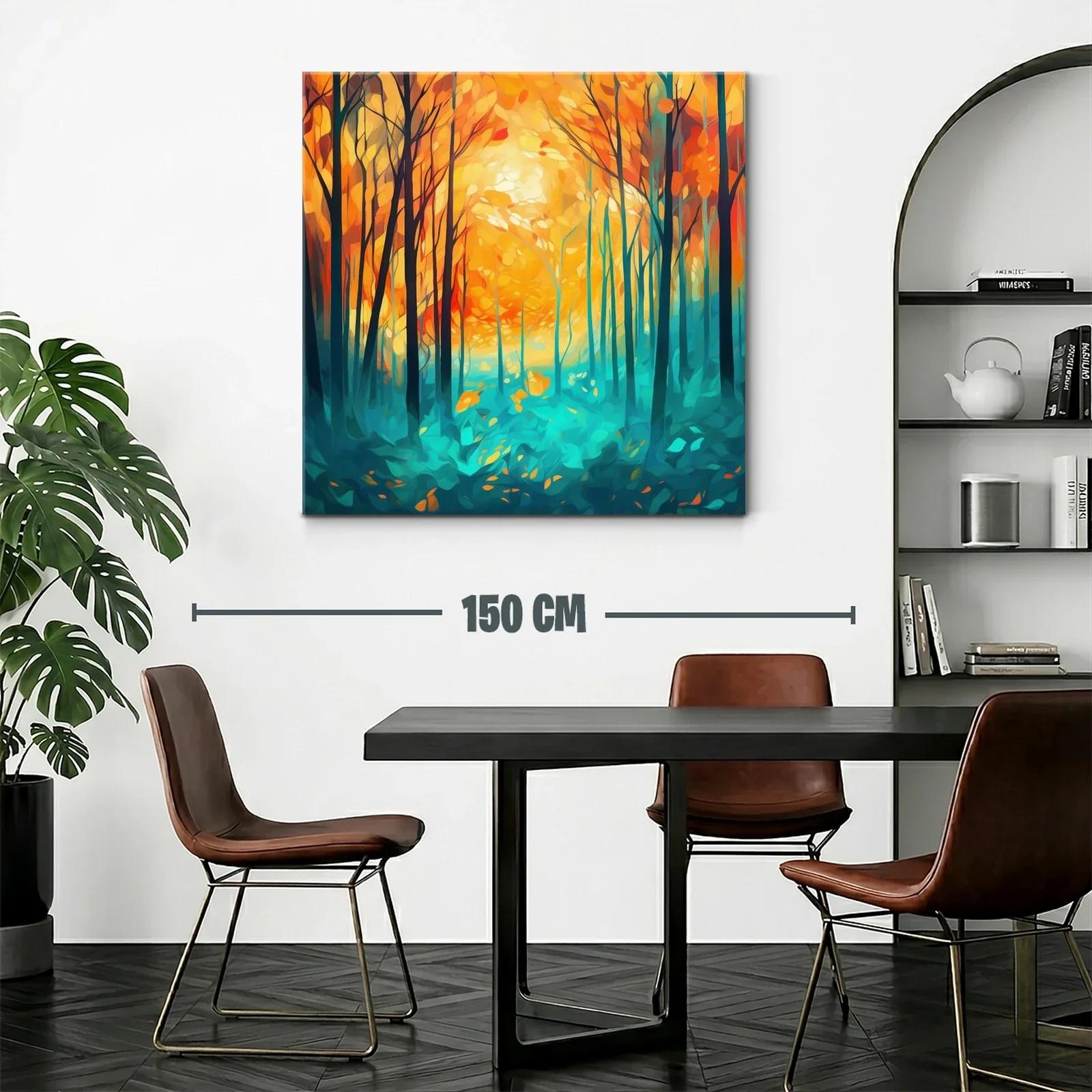 Bosque vibrante con árboles al amanecer en tonos cálidos — miniatura 2
