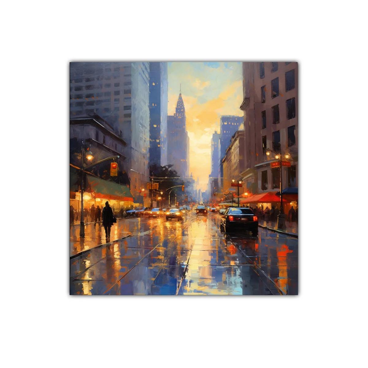 Atardecer urbano con reflejos en calle mojada — imagen principal