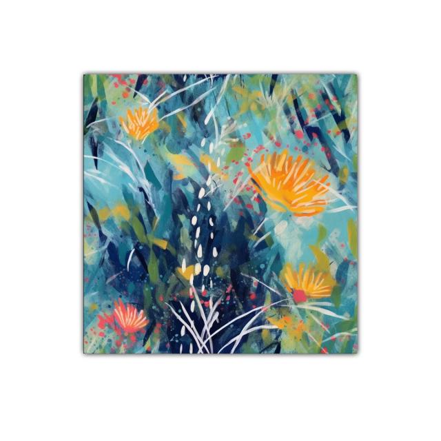 Cuadro abstracto floral en tonos azules y naranjas vivos