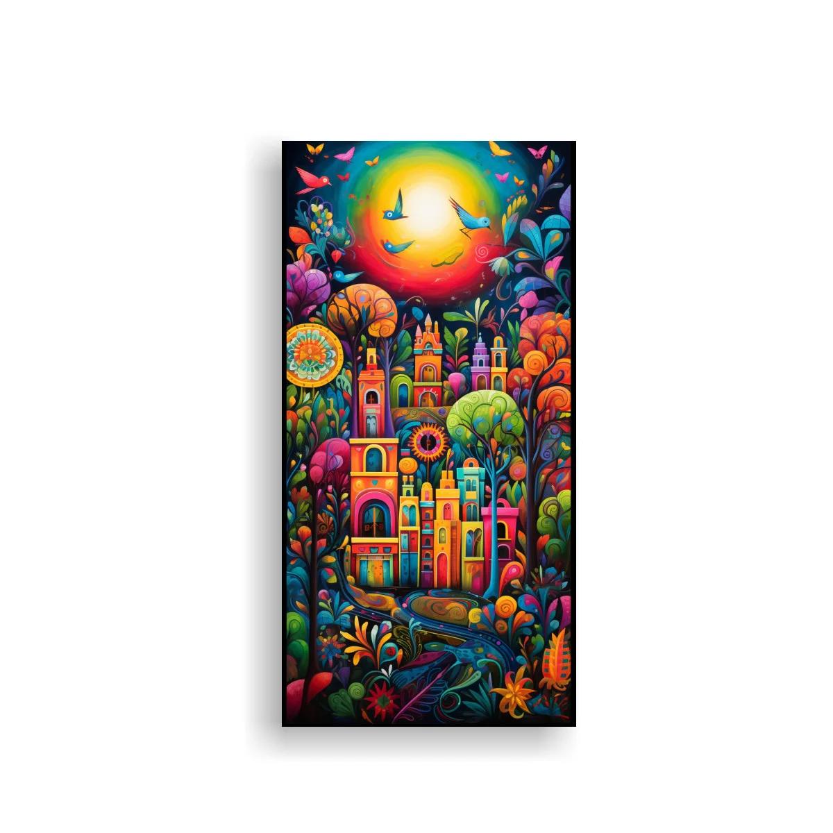 Cuadro ciudad fantástica colorida con cúpulas y flores exuberantes