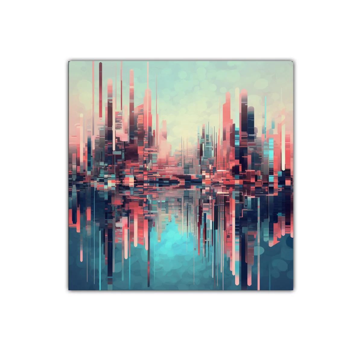Ciudad futurista con reflejos en tonos pastel y azul profundo