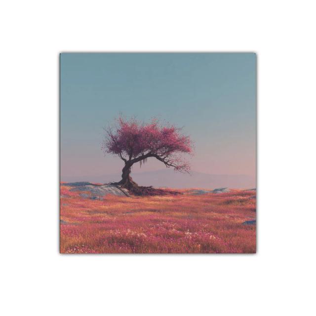 Árbol solitario en campo de flores vibrantes al amanecer
