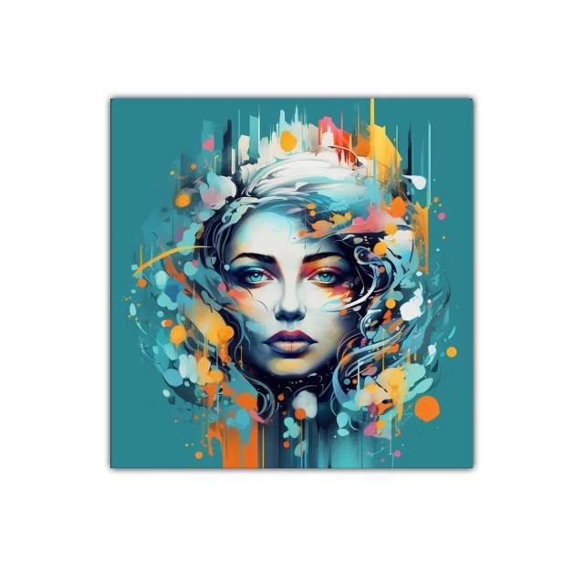 Rostro femenino con expresión intensa y colores vibrantes