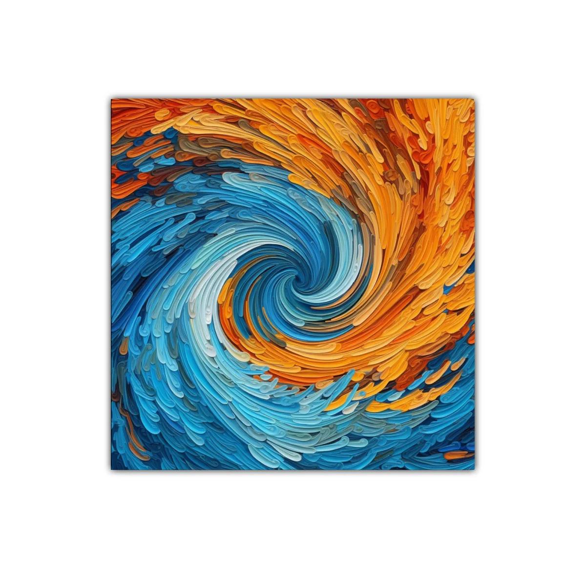 Cuadro abstracto con remolino de tonos azules y anaranjados