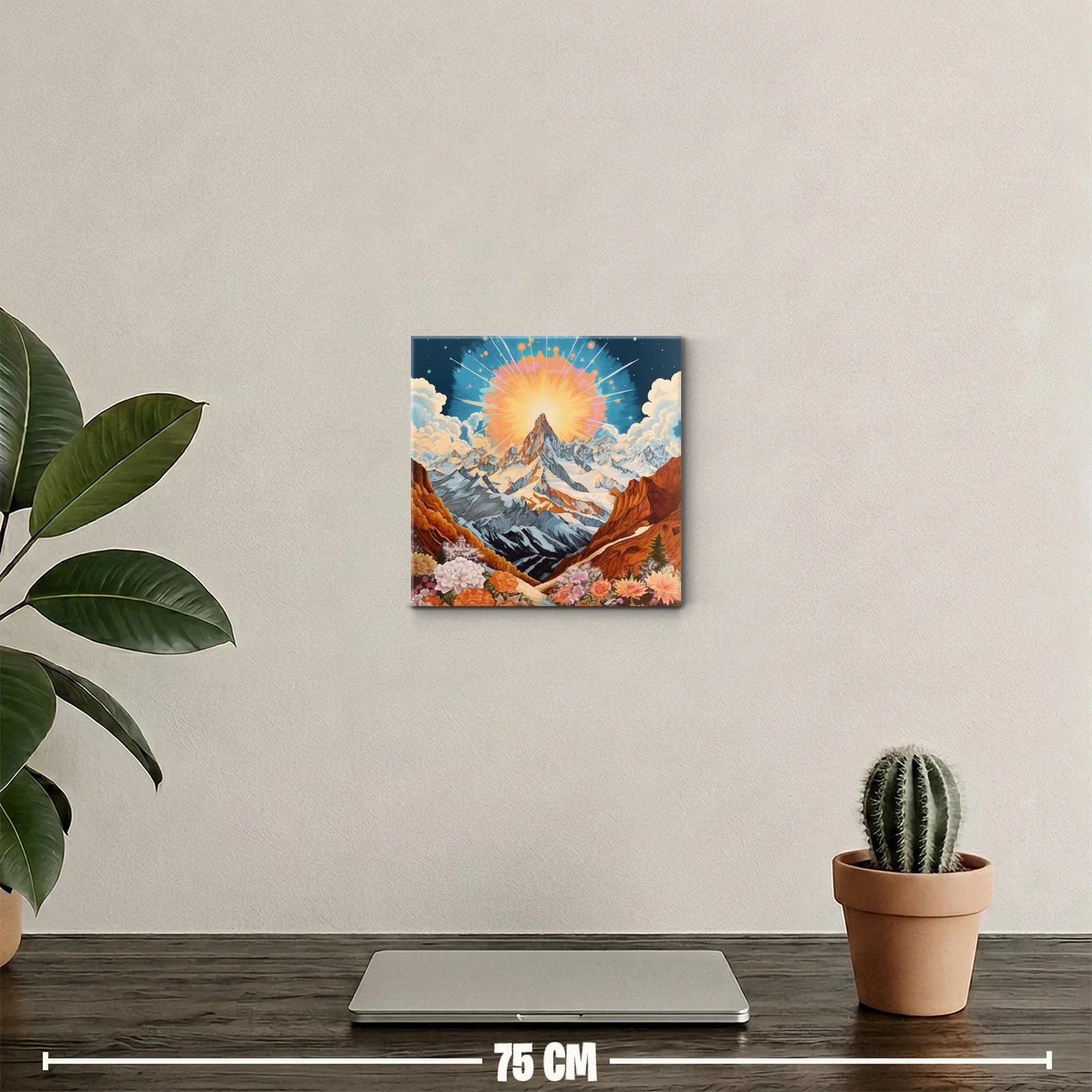 Montaña majestuosa con sol radiante y flores vibrantes — miniatura 2