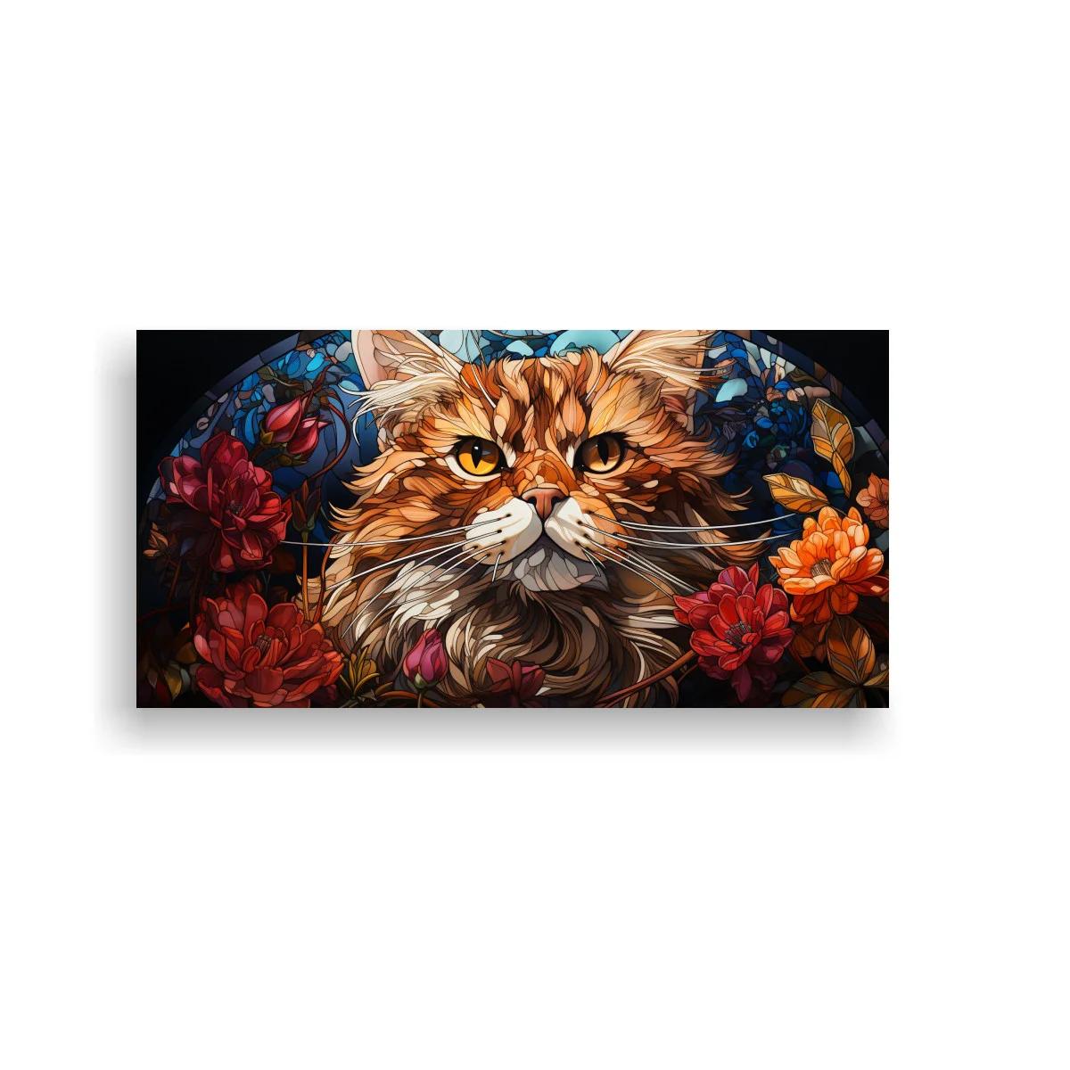 Cuadro gato naranja de pelo largo rodeado de flores