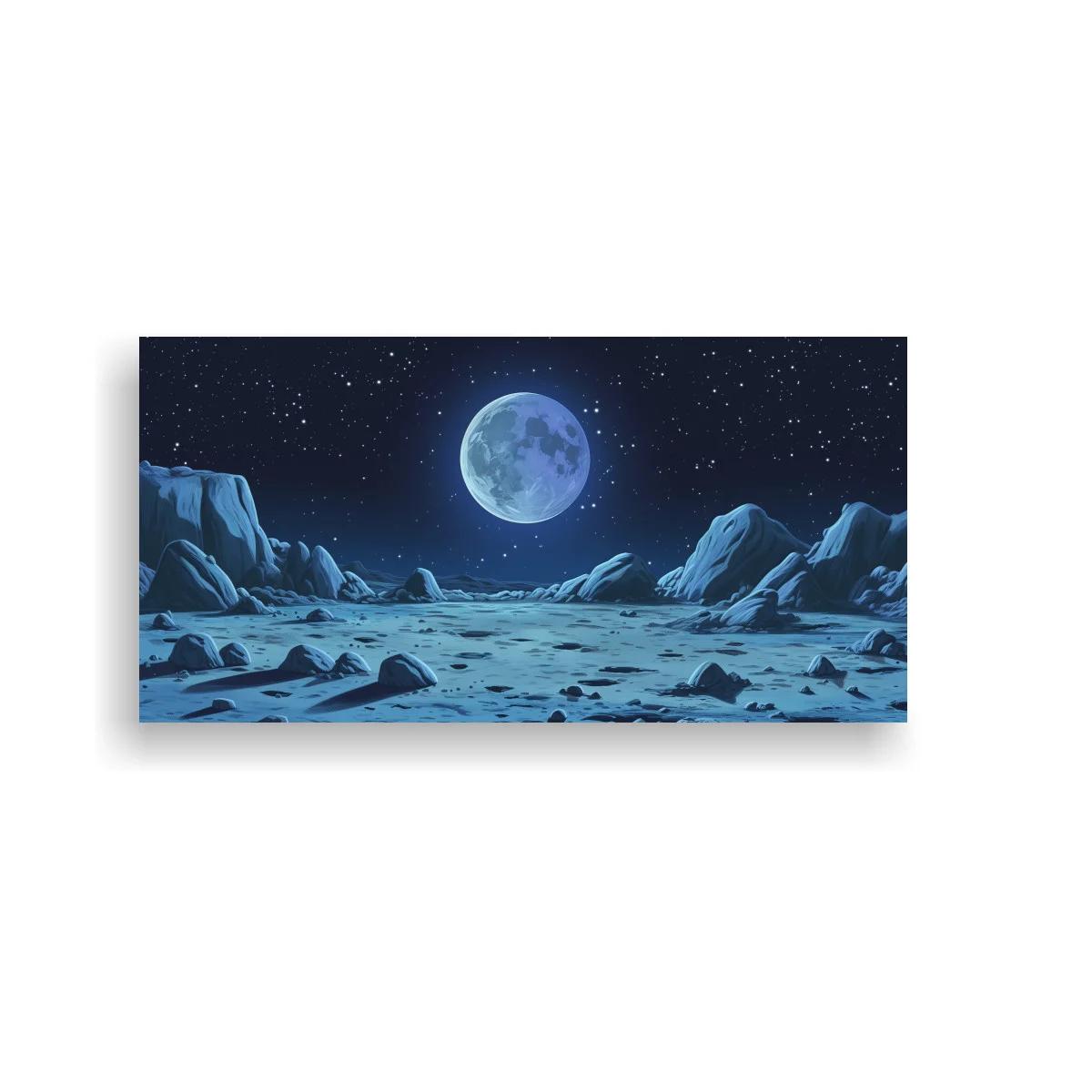 Cuadro paisaje lunar con luna llena y terreno rocoso