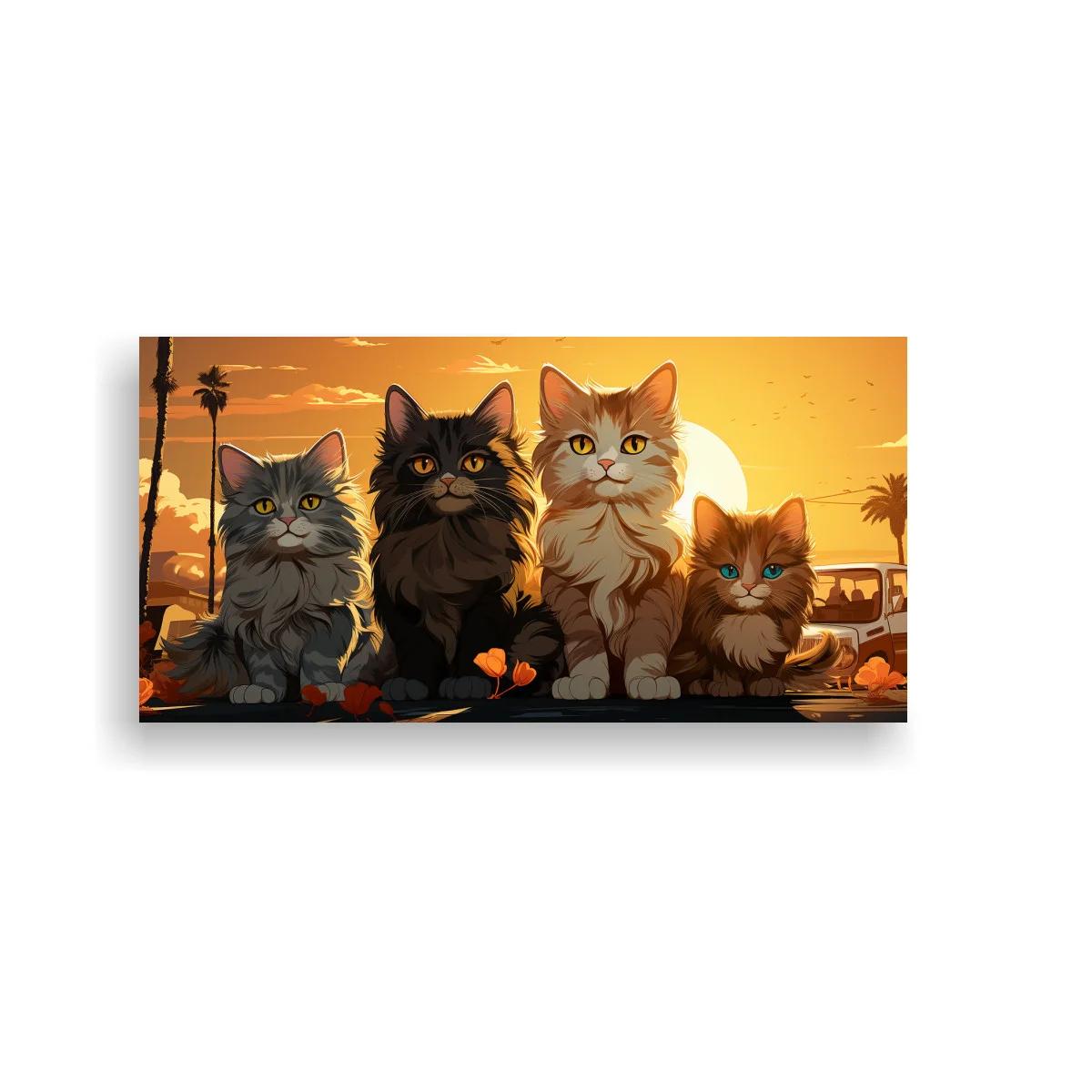 Cuadro cuatro gatos de pelo largo al atardecer