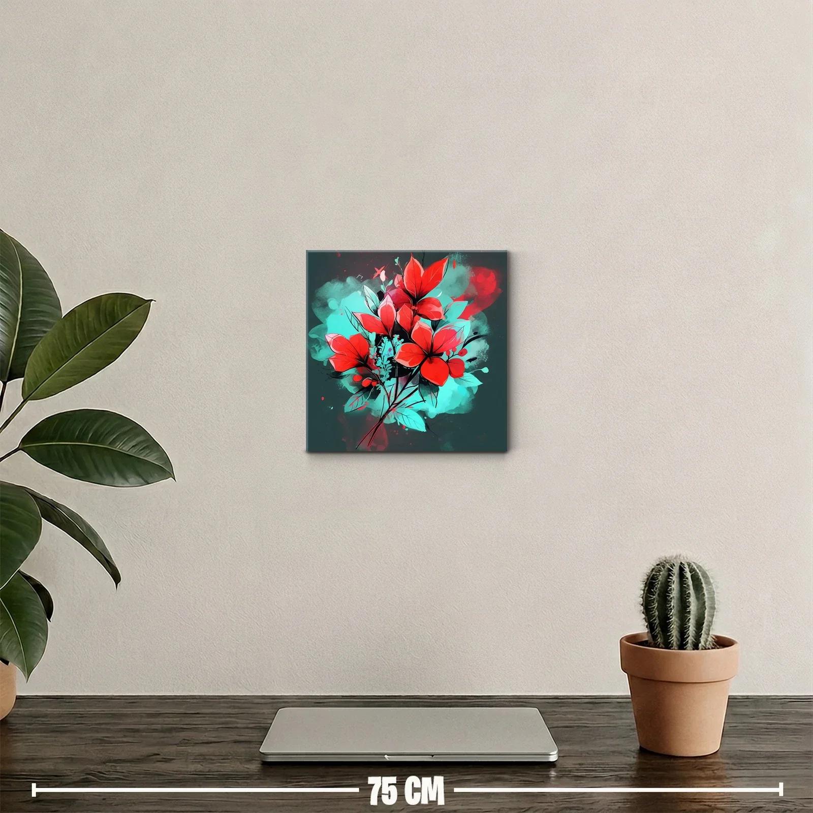 Cuadro floral vibrante con contraste rojo y turquesa — miniatura 2