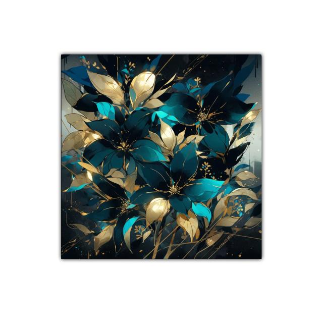 Cuadro moderno con flores azul y dorado brillante