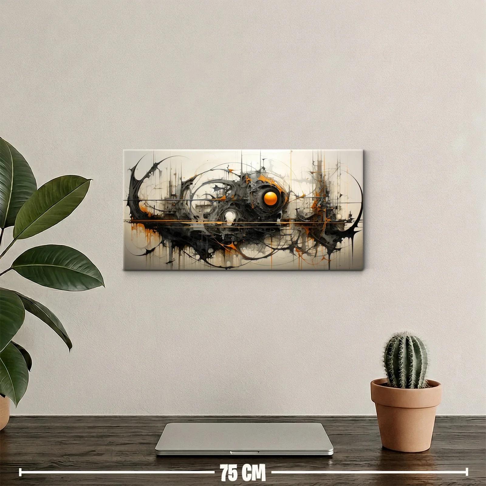 Cuadro abstracción mecánica con núcleo circular naranja — miniatura 2