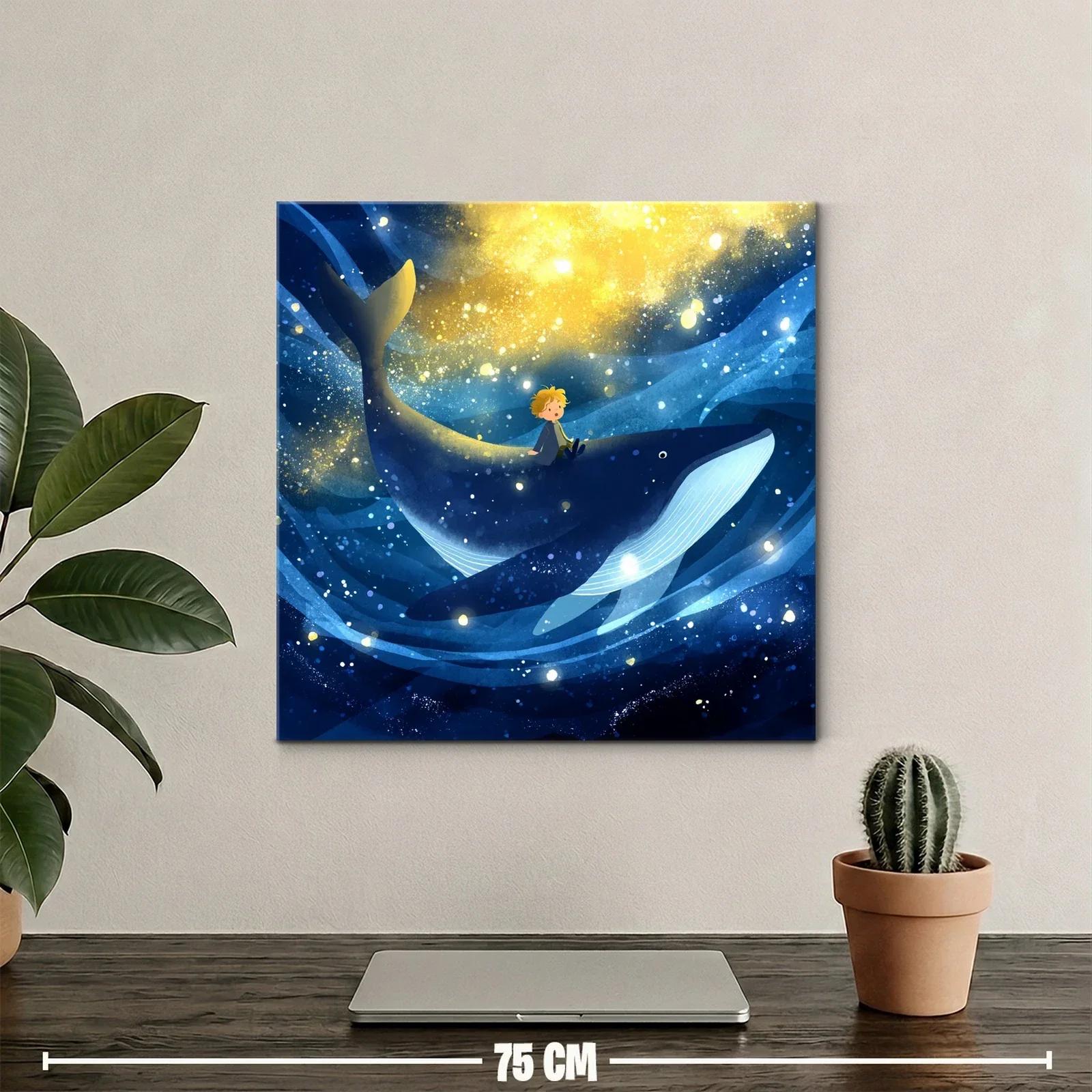 Niño viajando sobre ballena en un mar estrellado — miniatura 2