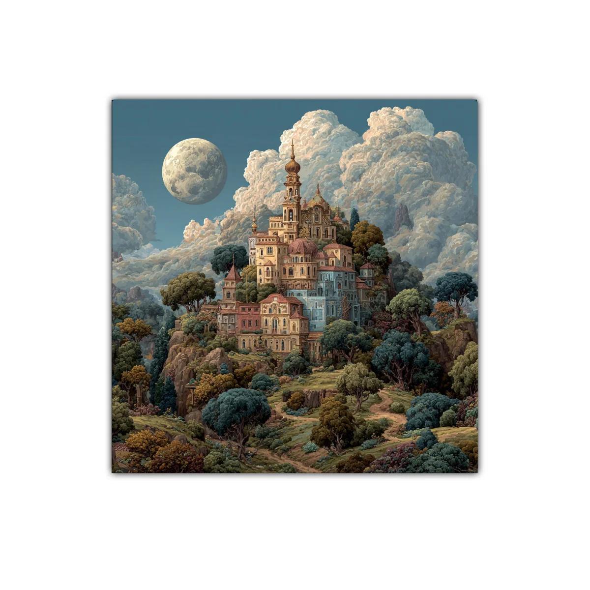 Paisaje de ciudad antigua en colina bajo la luna llena — miniatura 1