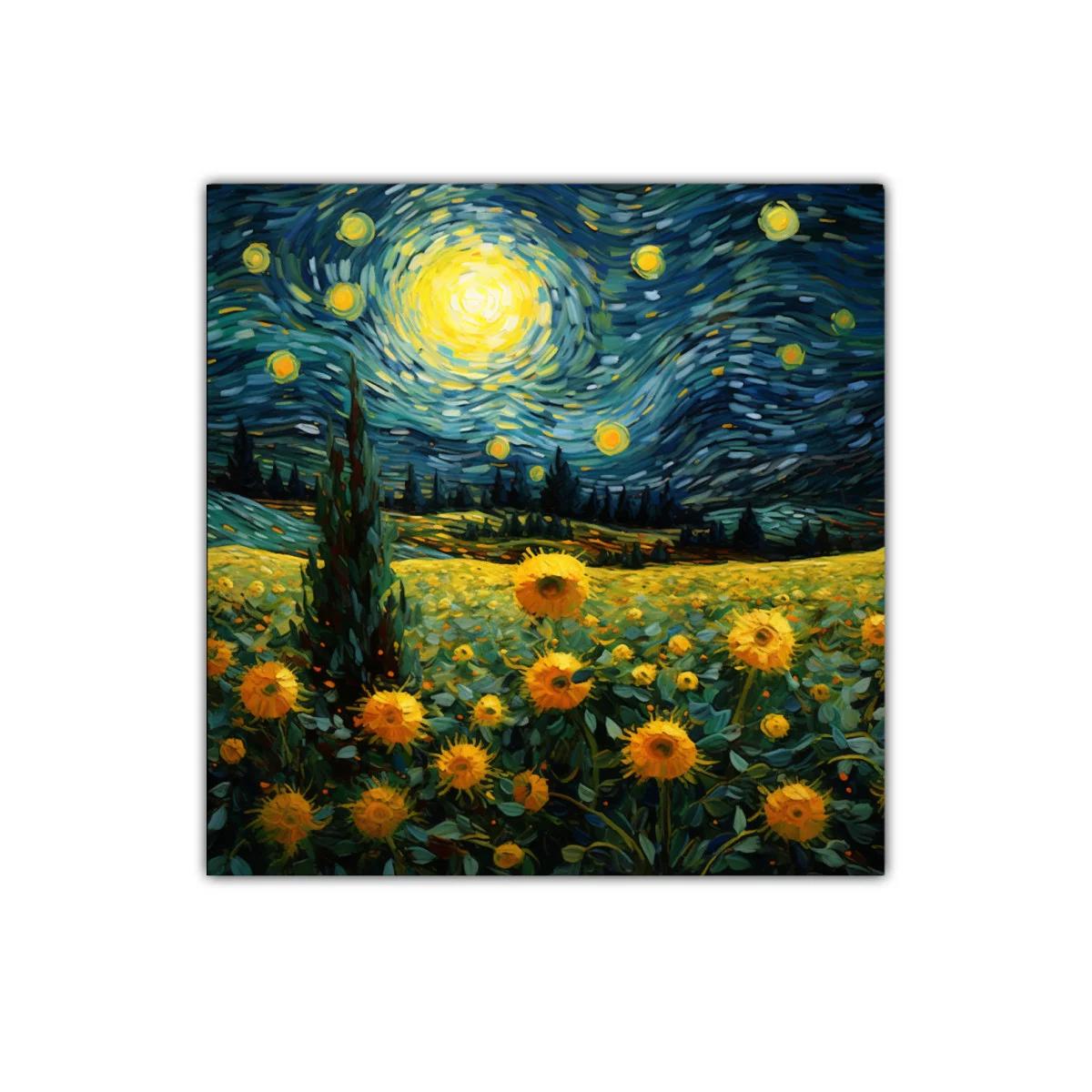 Campo de girasoles bajo cielo estrellado vibrante