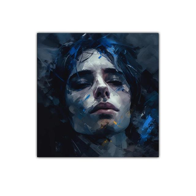 Retrato expresivo con pinceladas en tonos azules y oscuros