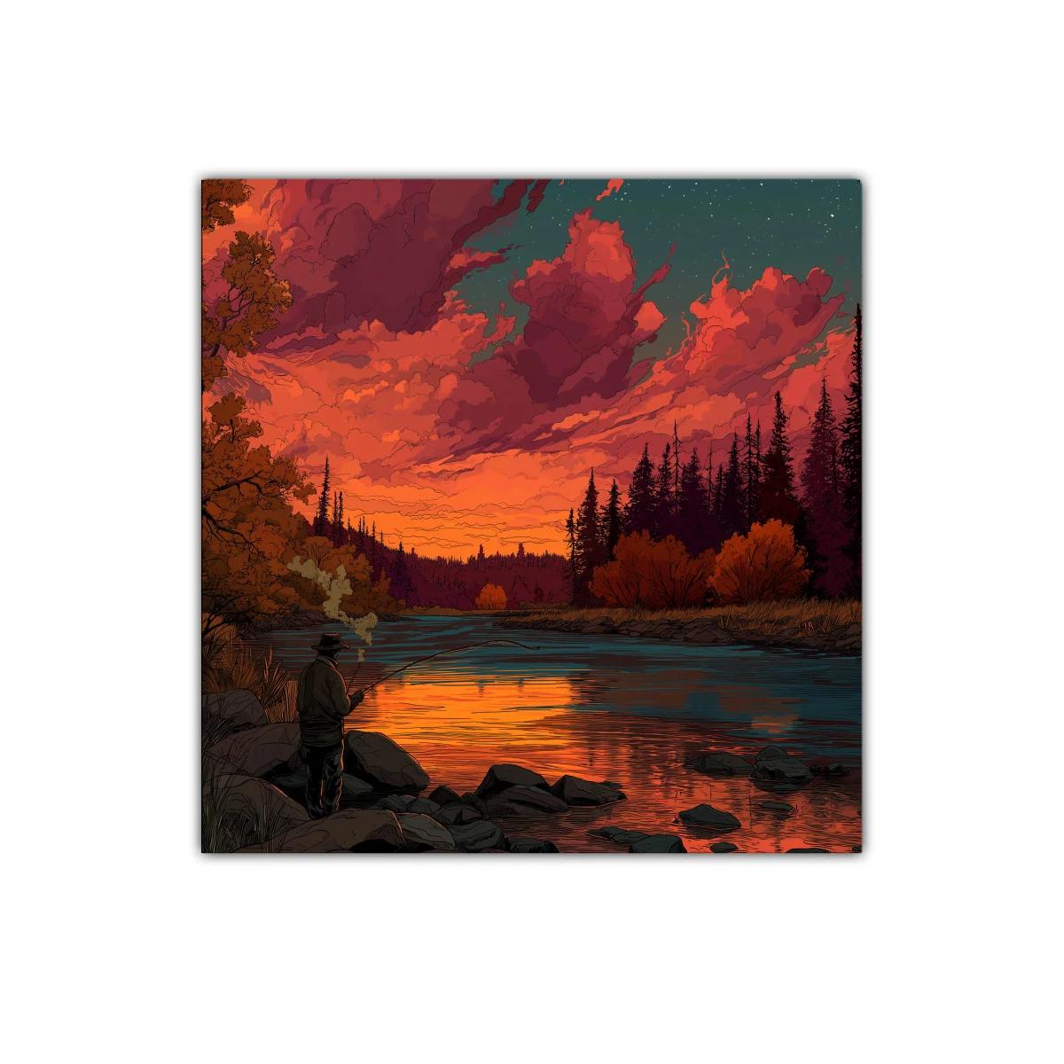 Puesta de sol vibrante en río con pescador solitario
