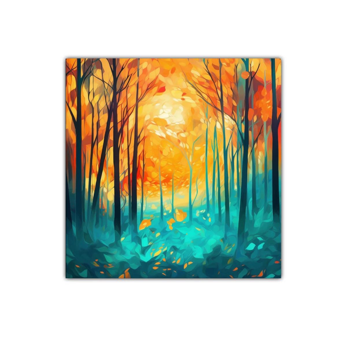 Bosque vibrante con árboles al amanecer en tonos cálidos — imagen principal