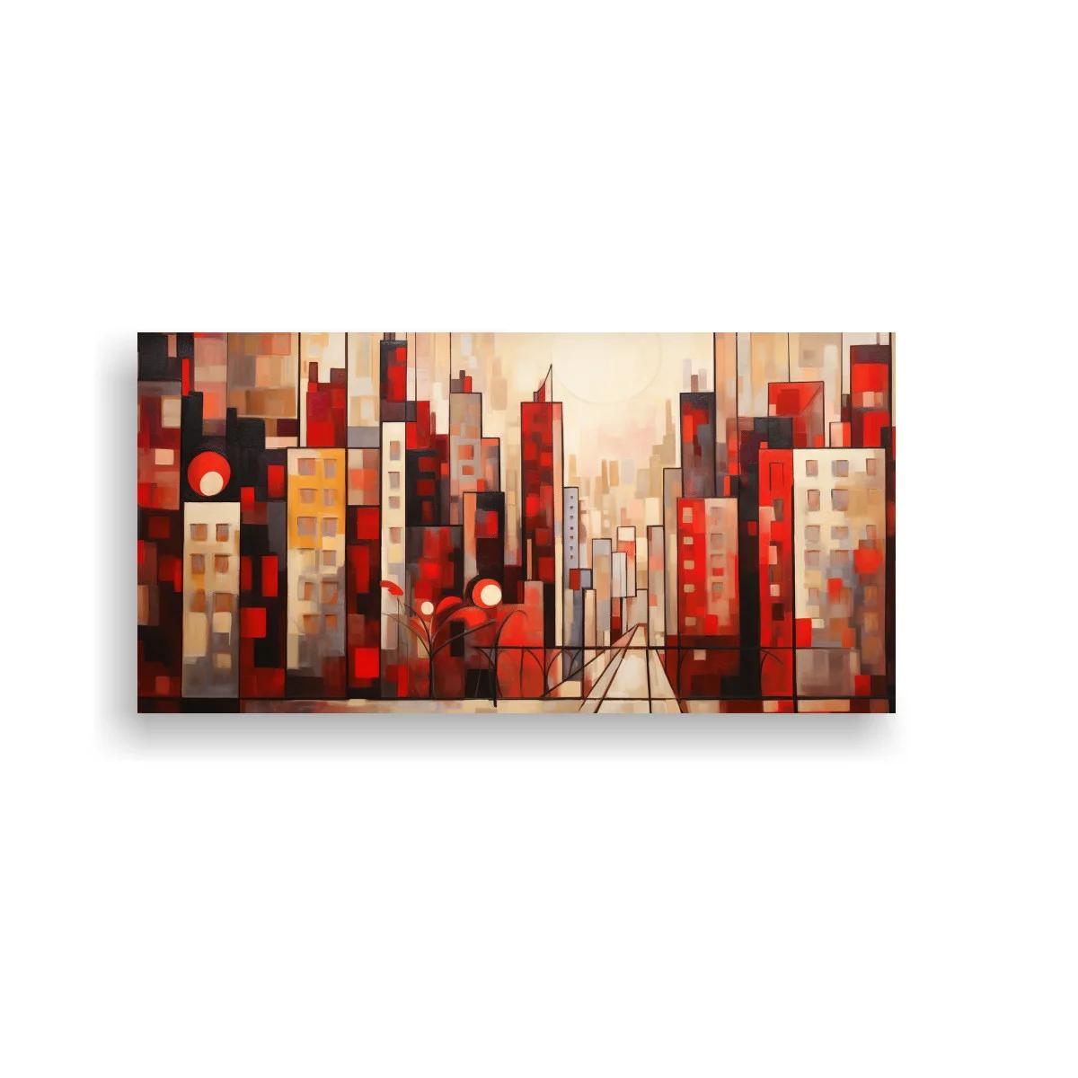 Cuadro skyline urbana abstracta con círculos rojos