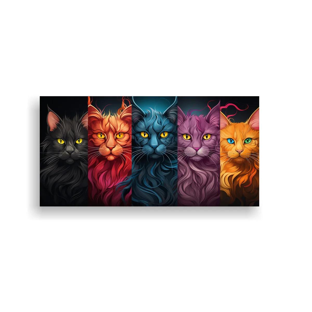 Cuadro cinco gatos de colores con bloques verticales de color — imagen principal