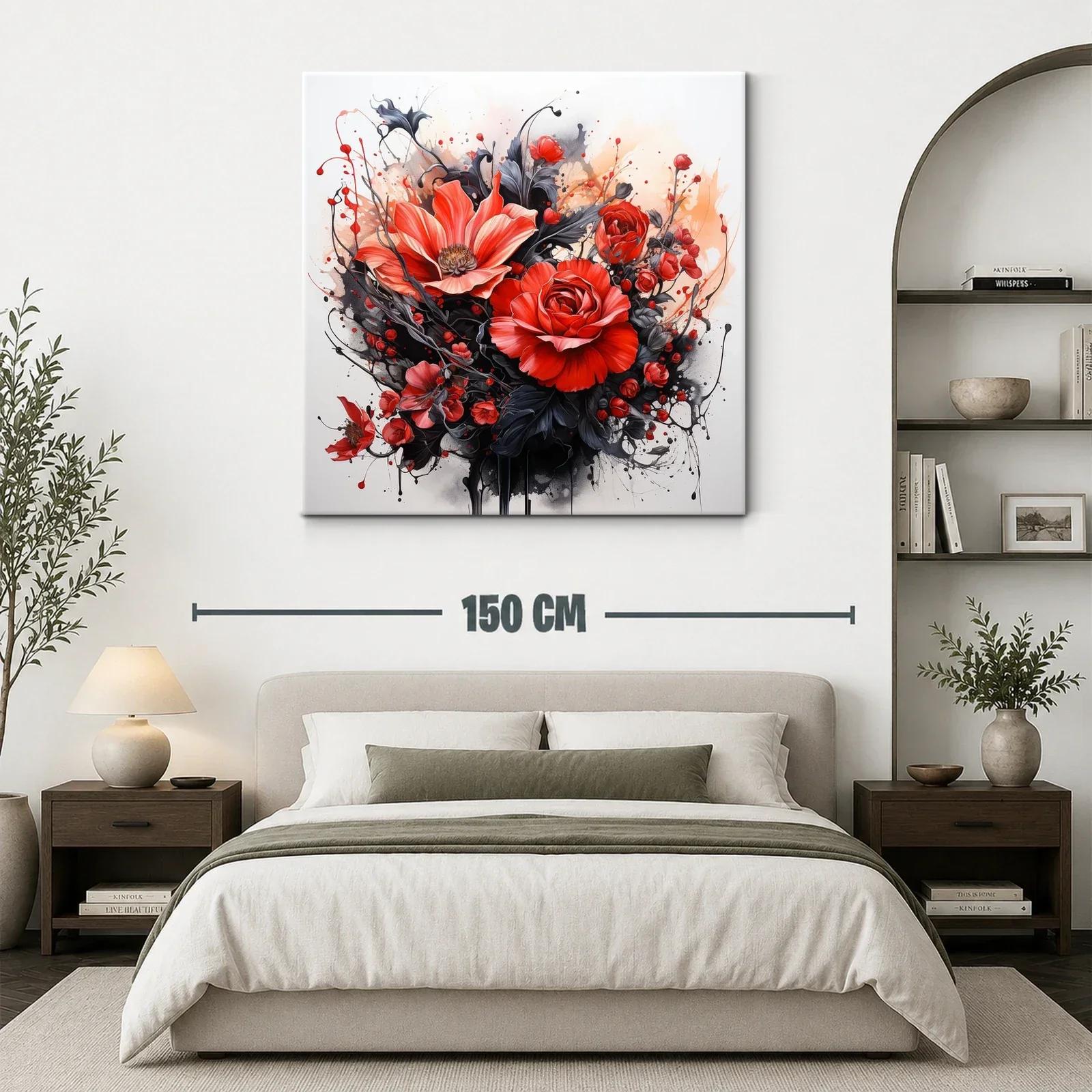 Cuadro floral en rojo y negro con detalles vibrantes — miniatura 3
