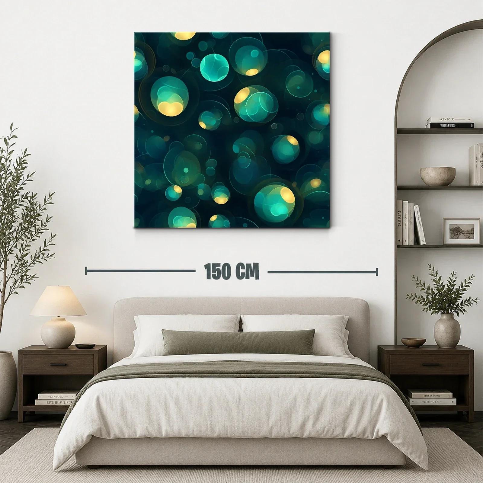 Cuadro abstracto con esferas luminosas en tonos azul y amarillo — miniatura 3