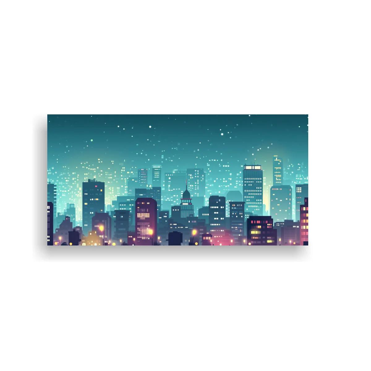 Cuadro skyline urbano nocturno con cielo turquesa