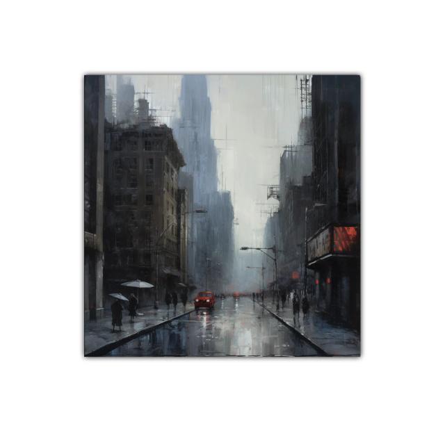 Ciudad lluviosa con contraste de luces urbanas