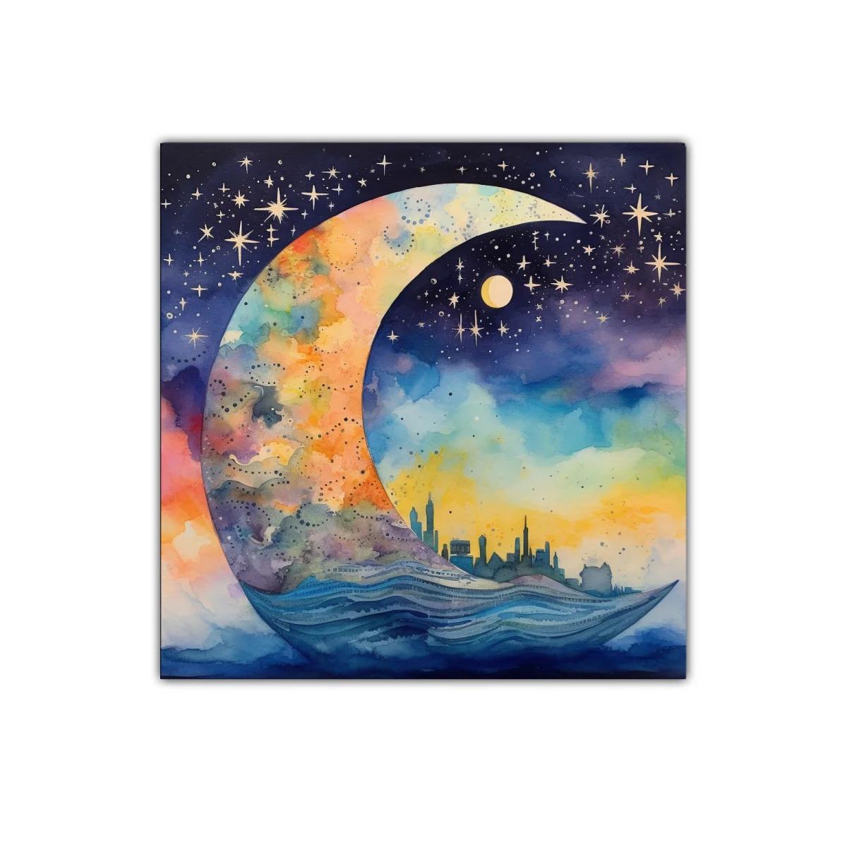 Luna multicolor con ciudad y estrella fugaz en cielo nocturno