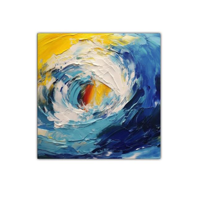 Cuadro abstracto de oleaje dinámico en tonos azul y amarillo