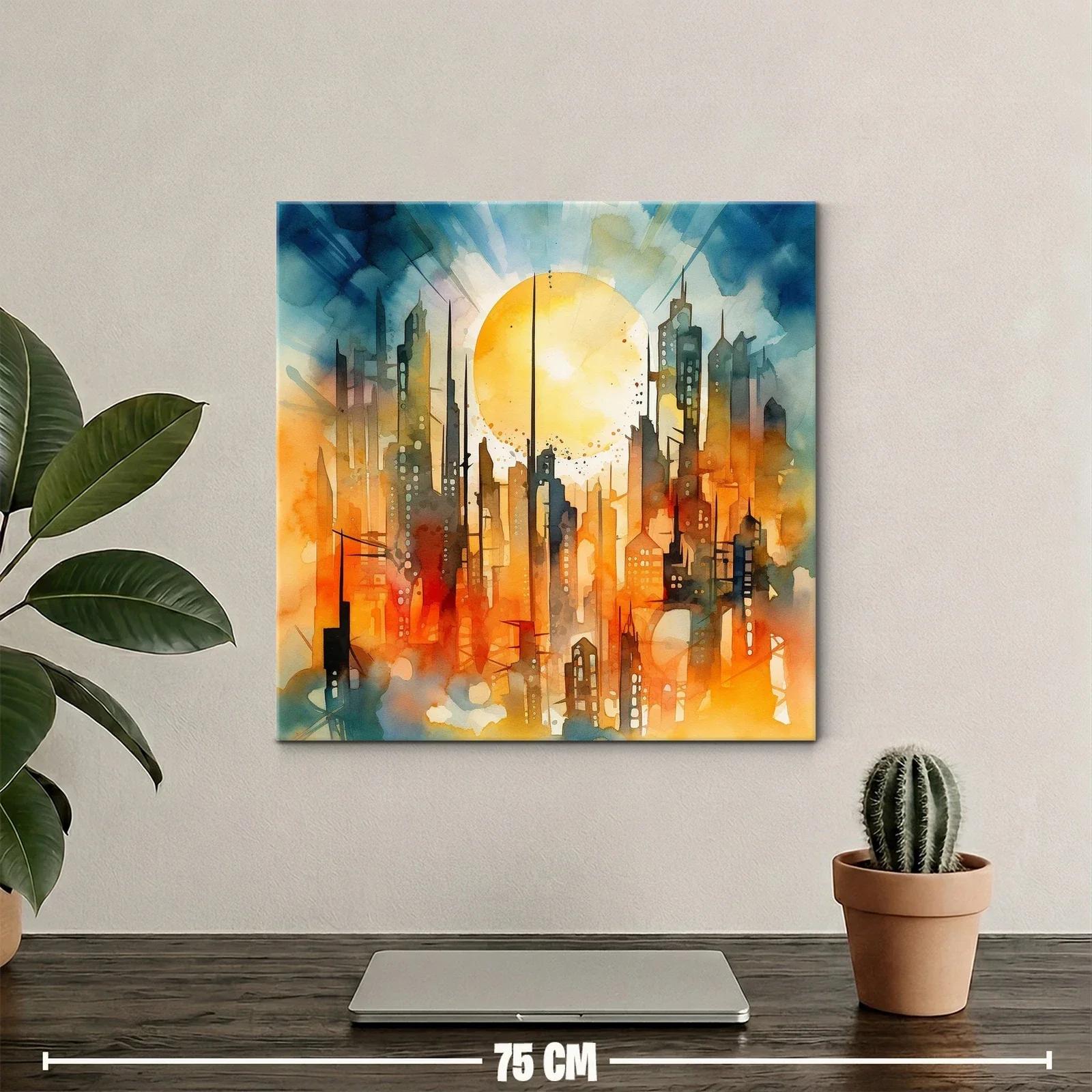 Ciudad futurista iluminada por un sol radiante en tonos cálidos — miniatura 2