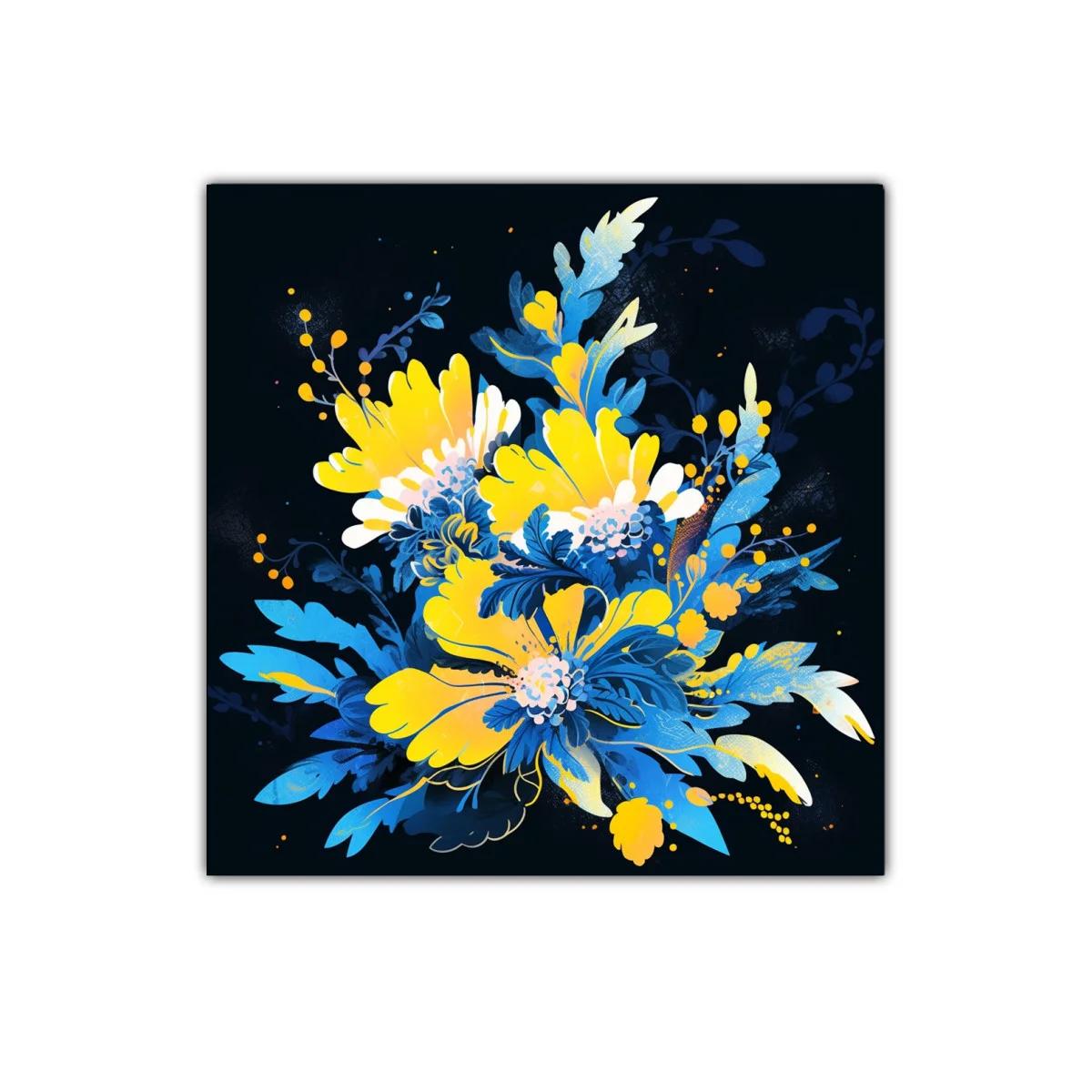 Composición floral vibrante en tonos azul y amarillo