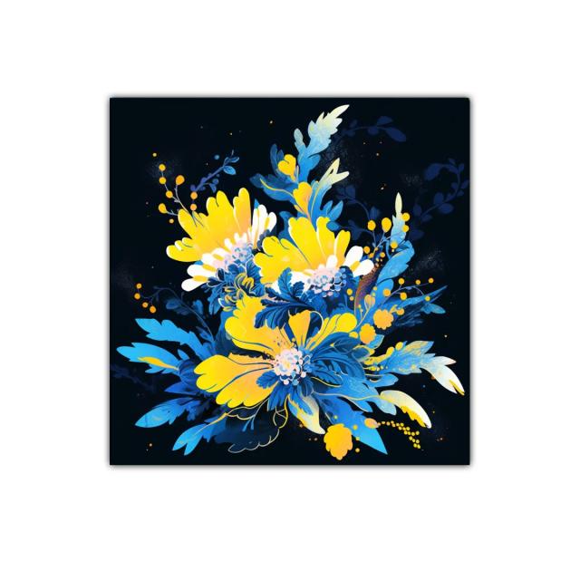 Composición floral vibrante en tonos azul y amarillo