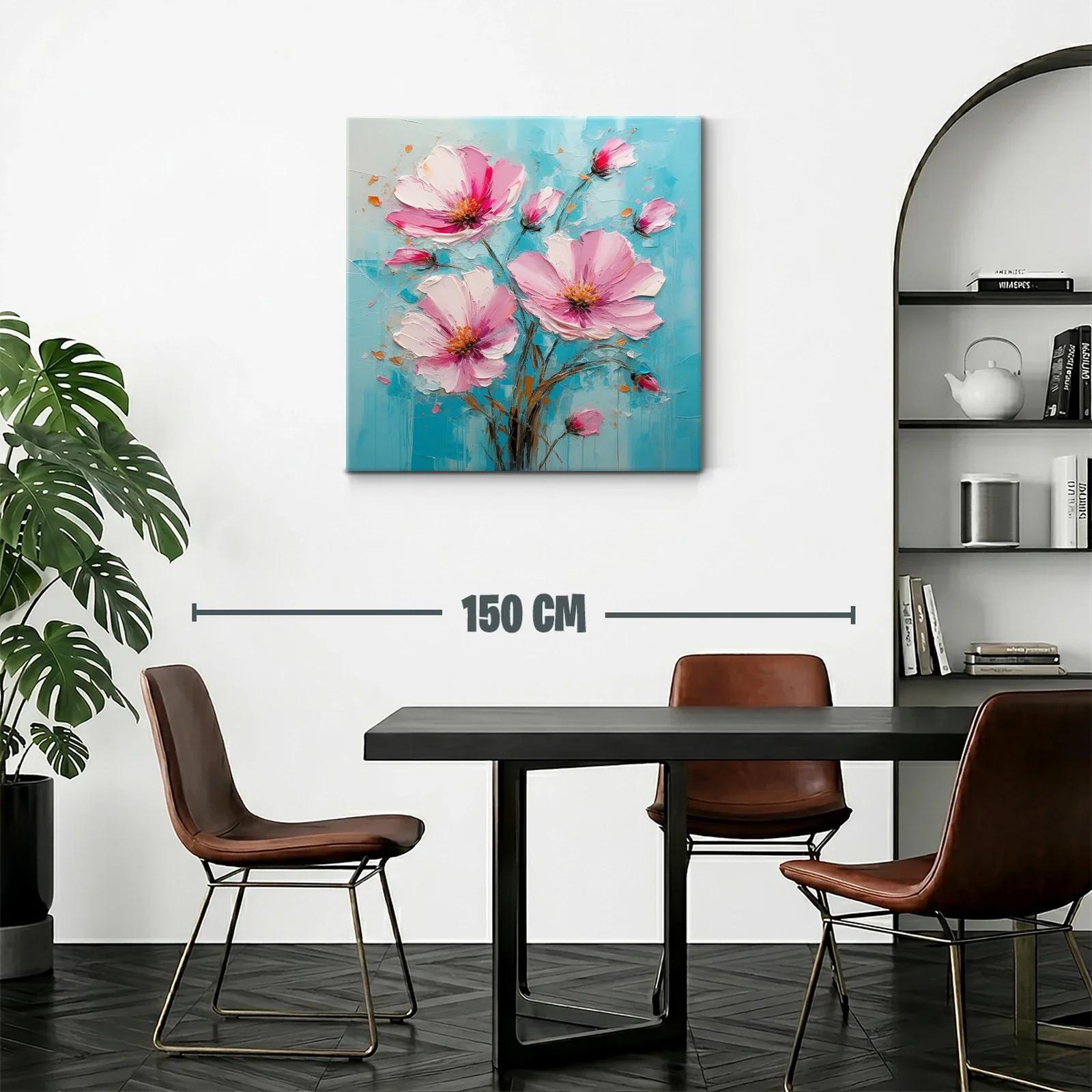 Cuadro flores rosas sobre fondo azul vibrante y texturizado — miniatura 2
