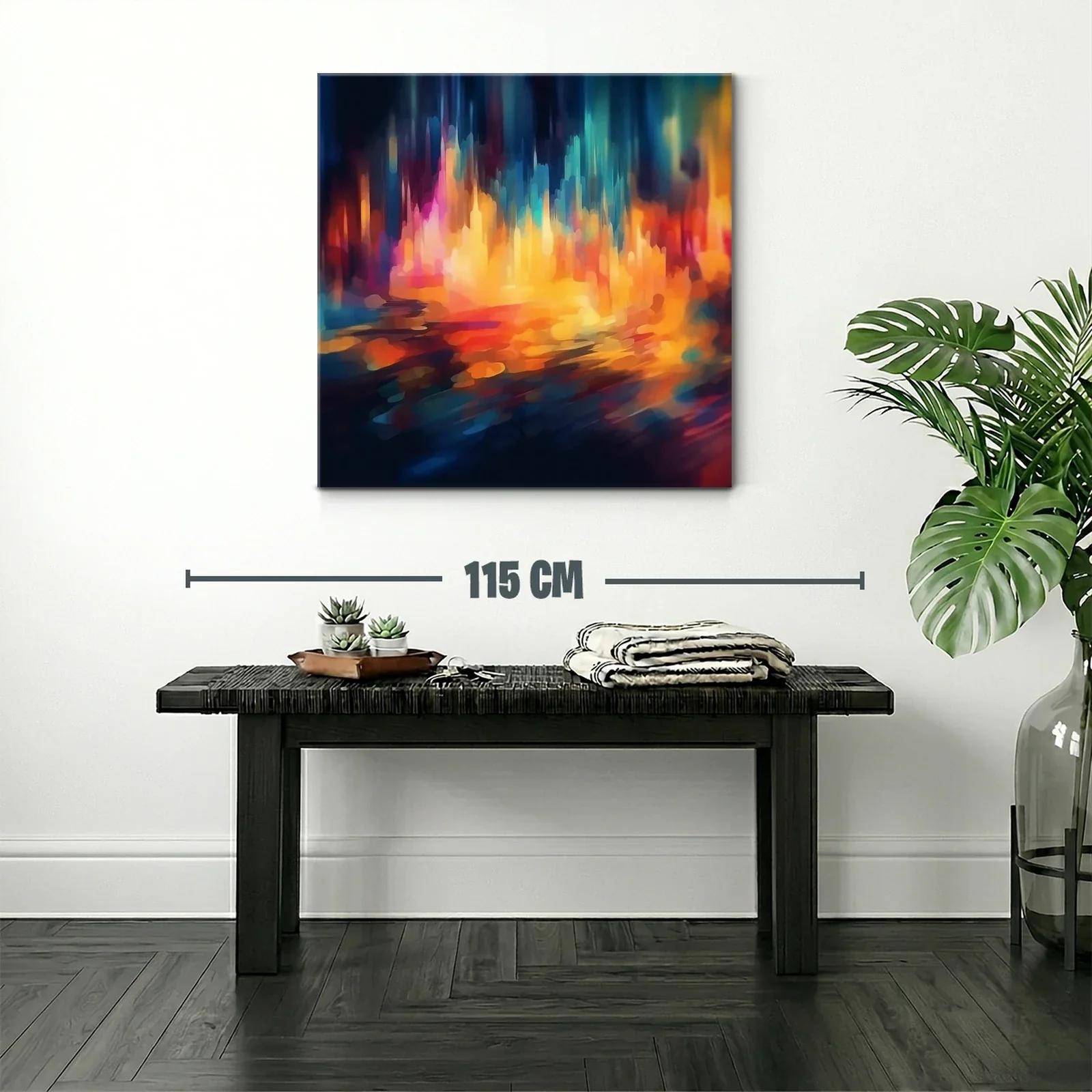 Cuadro abstracto con vibrantes luces en tonos cálidos y fríos — miniatura 2