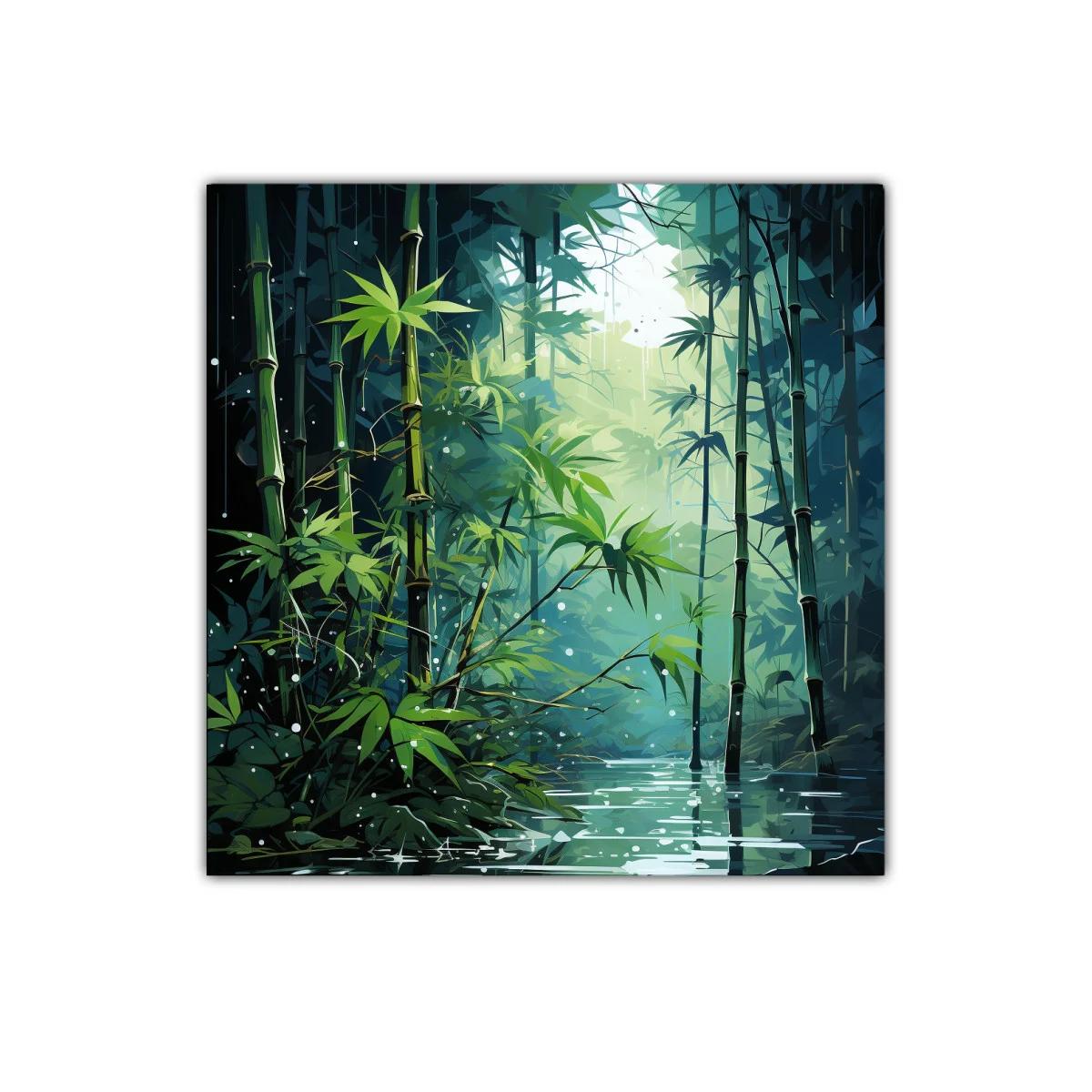 Bosque de bambú con luz y reflejos en el agua — imagen principal