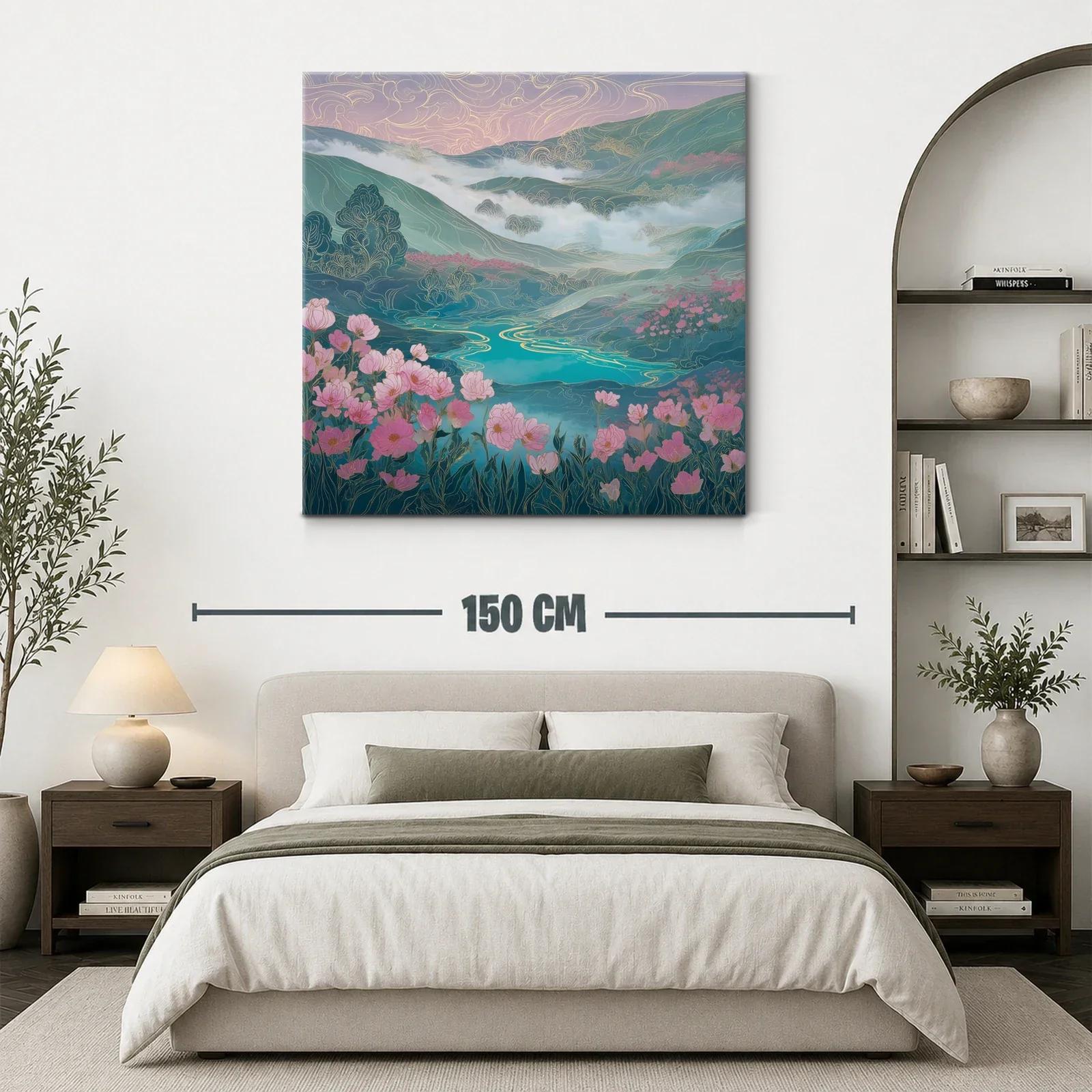 Paisaje floral con lago y montañas en tonos suaves — miniatura 3