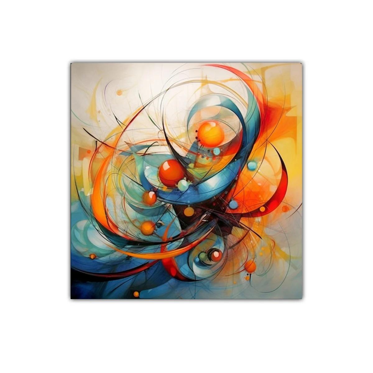 Cuadro abstracto con esferas y trazos dinámicos en colores cálidos — imagen principal