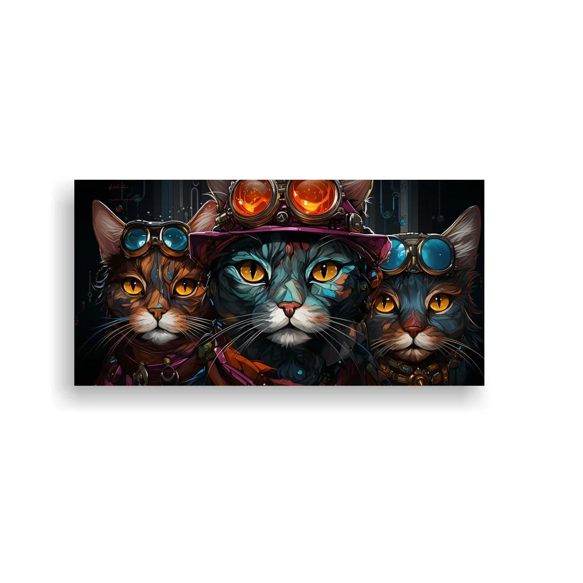 Cuadro tres gatos con gafas steampunk y sombrero de copa